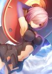  1girl arm_behind_head armpits blue_sky breasts clouds elbow_gloves fate/grand_order fate_(series) gloves hair_over_one_eye hand_on_own_chest highres if_(asita) looking_at_viewer medium_breasts navel pink_hair purple_gloves shielder_(fate/grand_order) short_hair sky solo violet_eyes 