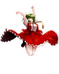  1girl :d adapted_costume arms_up bent_knees bloom blush breasts brown_shoes dress_shirt frilled_skirt frills full_body green_hair grey_legwear highres itocoh jumping kazami_yuuka large_breasts legs_together necktie open_clothes open_mouth open_vest puffy_short_sleeves puffy_sleeves red_skirt red_vest shirt shoes short_hair short_sleeves skirt skirt_set smile socks solo touhou vest victory_pose white_background white_shirt yellow_eyes yellow_necktie 