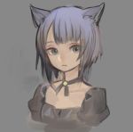  1girl ama-tou animal_ears bangs black_clothes bolo_tie cat_ears collarbone eyelashes green_eyes grey_background grey_hair looking_to_the_side original personification portrait puffy_short_sleeves puffy_sleeves sad shiny shiny_clothes short_hair short_sleeves sketch slit_pupils swept_bangs tsurime 