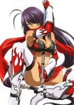  1girl antenna_hair black_bra black_hair bra breasts cleavage detached_sleeves fingerless_gloves garter_straps gloves hair_over_one_eye ikkitousen kan&#039;u long_hair looking_at_viewer low-tied_long_hair red_gloves red_scarf red_skirt scarf simple_background skirt smile solo thigh-highs under_boob underwear white_background white_legwear 