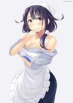  1girl ahoge apron bandanna bare_shoulders black_hair blush breasts cleavage hair_flaps japanese_clothes kankitsunabe_(citrus) kantai_collection kimono long_hair looking_at_viewer low_twintails red_eyes smile solo standing taigei_(kantai_collection) twintails 