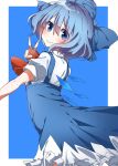  1girl ascot bangs blue_dress blue_eyes blue_hair bow cirno closed_mouth dress dress_shirt from_side hair_bow hair_ornament hair_ribbon hand_up ice ice_wings looking_at_viewer momotarou_(4188momoko) ribbon shirt short_hair short_sleeves smile solo standing touhou upper_body v wings 