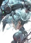  1girl aqua aqua_eyes aqua_hair arms_at_sides baraba_baba blurry breasts cable closed_mouth clothes_writing depth_of_field eyelashes floating_hair from_side glowing headgear highres light_particles mecha_musume medium_breasts original profile sad science_fiction simple_background solo upper_body white_background 