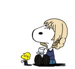  beagle blonde_hair braid charles_schulz_(style) cup darjeeling dog flat_color girls_und_panzer military military_uniform no_humans orange_pekoe peanuts saucer school_uniform sitting skirt snoopy tea teacup tied_hair uniform woodstock 