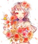  1girl ayatoki-1 bare_shoulders dress flower hair_flower hair_ornament highres long_hair one_eye_closed original petals red_eyes solo 