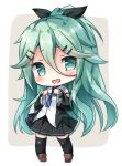  1girl :d bare_shoulders black_bow black_legwear black_serafuku black_skirt blush bow brown_shoes chibi detached_sleeves elbow_gloves gloves green_eyes green_hair hair_between_eyes hair_bow hair_ornament hairclip kantai_collection loafers long_hair looking_at_viewer lowres matching_hair/eyes messy_hair neckerchief open_mouth pigeon-toed pleated_skirt ribbon sailor_collar school_uniform serafuku shoes skirt smile solo tareme thigh-highs very_long_hair wide_sleeves yamakaze_(kantai_collection) yuko_(kwong159) 