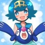  1girl blue_eyes blue_hair hairband highres nada_haruka open_mouth pokemon pokemon_(game) pokemon_sm popplio short_hair suiren_(pokemon) 