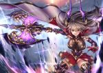  1girl armor axe breasts brown_hair cape fangs gauntlets granblue_fantasy hair_between_eyes holding_axe horns ks large_breasts long_hair looking_at_viewer open_mouth outstretched_arm red_eyes red_skirt sarasa_(granblue_fantasy) skirt smile solo sparkle standing weapon 