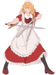  1girl apron blonde_hair commentary dress frills highres maid maid_apron maid_headdress mefomefo multiple_swords pantyhose red_dress shoes short_sleeves simple_background solo sword touhou touhou_(pc-98) weapon wide_stance yellow_eyes yumeko 