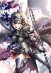  &gt;:d 1girl :d armor armored_dress bad_anatomy banner black_cape black_legwear blonde_hair breasts cape chains collar commentary_request corset eyebrows eyebrows_visible_through_hair fate/grand_order fate_(series) flag fur_collar gauntlets headpiece highres holding holding_sword holding_weapon impossible_clothes jeanne_alter looking_at_viewer medium_breasts open_mouth ruler_(fate/apocrypha) sheath smile solo suishougensou sword teeth thigh-highs tsurime unsheathed weapon yellow_eyes 