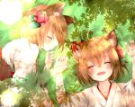  2girls animal_ears artist_name blonde_hair blush chita_(ketchup) closed_eyes collarbone drooling eyebrows fangs flower fox_ears hair_between_eyes hair_flower hair_ornament hand_holding highres japanese_clothes leaf leaf_background lens_flare lying miko multiple_girls on_back on_side open_mouth original profile saliva short_hair signature sleeping thick_eyebrows upper_body wide_sleeves 