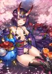  1girl alcohol bare_shoulders blush bob_cut breasts cherry_blossoms collarbone eyebrows eyebrows_visible_through_hair eyeliner fangs fate/grand_order fate_(series) flower food fruit gem grapes grin headpiece highres holding horns japanese_clothes kimono knee_pads ks looking_at_viewer makeup obi off_shoulder oni oni_horns parted_lips peach petals plate purple_hair revealing_clothes sakazuki sake sash shide short_hair shuten_douji_(fate/grand_order) sitting small_breasts smile solo spilling thigh-highs violet_eyes water 