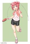  1girl artist_name bike_shorts blush bone_hair_ornament dog_print flying_sweatdrops hair_ribbon open_mouth paddle red_eyes redhead ribbon shakunetsu_no_takkyuu_musume shoes short_twintails signature smile sneakers solo sweat sweat_stain sweating table_tennis_paddle tsumujikaze_koyori twintails wristband yukiroku 