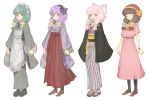  1girl alternate_costume apron aqua_hair boots brown_hair character_sheet contemporary dress dress_shirt female fire_emblem fire_emblem_if flower full_body hair_tubes hat hat_flower japanese_clothes kimono kimono_skirt meiji_schoolgirl_uniform mitama_(fire_emblem_if) multiple_views pink_hair purple_hair sandals shirt simple_background star star-shaped_pupils symbol-shaped_pupils tabi twintails ustes_asa wa_maid white_background wide_sleeves 