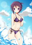  1girl absurdres alternate_hairstyle bikini blush braid breasts cleavage folded_ponytail gochuumon_wa_usagi_desu_ka? half_updo highres long_hair looking_at_viewer mottsun_(i_40y) navel plaid plaid_bikini purple_bikini purple_hair side-tie_bikini smile solo splashing standing swimsuit tedeza_rize violet_eyes water 