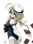  1girl 2016 4suke ahoge aqua_eyes aqua_ribbon armband blonde_hair book dated from_behind hair_ribbon hat holding holding_book i-8_(kantai_collection) kantai_collection long_hair looking_back low_twintails name_tag open_book pink_legwear red-framed_eyewear ribbon sailor_hat signature simple_background smile solo thigh-highs twintails white_background white_hat zettai_ryouiki 