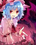  &gt;:d 1girl :d ascot bad_anatomy bangs bat_wings blood blue_hair blunt_bangs bow eyebrows eyebrows_visible_through_hair fangs fingernails frilled_shirt_collar frills hat hat_bow hat_ornament hat_ribbon highres juliet_sleeves lavender_hair long_fingernails long_sleeves looking_at_viewer looking_to_the_side mob_cap nail_polish nikorashi-ka open_mouth pink_hat puffy_sleeves red_bow red_eyes red_nails remilia_scarlet ribbon scrunchie sharp_fingernails short_hair smile solo teeth touhou wings wrist_cuffs wrist_scrunchie 