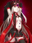 1girl armpits arms_up black_legwear breasts crown dark_persona detached_sleeves evil_smile fate/grand_order fate/zero fate_(series) irisviel_von_einzbern irisviel_von_einzbern_(caster) lips long_hair long_sleeves looking_at_viewer navel pale_skin red_background red_eyes ruchi smile solo thigh-highs under_boob very_long_hair white_hair white_skin wide_sleeves 