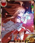  1girl asuna_(sao) brown_eyes brown_hair card_(medium) holding holding_sword holding_weapon long_hair pleated_skirt red_skirt skirt solo star sword sword_art_online thigh-highs weapon white_background 