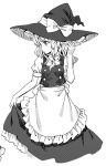  1girl ama-tou apron bow braid buttons collar dress frilled_dress frills greyscale hair_ribbon halftone hand_on_headwear hat hat_bow holding_dress kirisame_marisa looking_down monochrome profile puffy_short_sleeves puffy_sleeves ribbon short_sleeves simple_background solo touhou waist_apron wavy_hair white_background witch_hat 