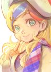  1girl alternate_eye_color aqua_eyes artist_request beret blonde_hair blue_hair blush commandant_teste_(kantai_collection) hat kantai_collection lips long_hair multicolored_hair plaid plaid_scarf redhead scarf simple_background smile solo streaked_hair white_background white_hair white_hat 