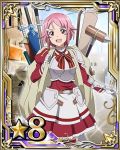  1girl bag breastplate card_(medium) gloves hair_ornament hairclip lisbeth looking_at_viewer number open_mouth outdoors pink_eyes pink_hair red_skirt short_hair skirt solo star sword sword_art_online weapon white_gloves 