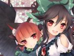  2girls :d animal_ears arm_garter bangs bird_wings black_bow black_hair black_wings blunt_bangs blush bow cat_ears dress_shirt extra_ears feathered_wings green_bow hair_between_eyes hair_bow kaenbyou_rin long_hair looking_at_viewer multiple_girls open_mouth pointy_ears puffy_short_sleeves puffy_sleeves red_eyes redhead reiuji_utsuho shirt short_sleeves shoulder_cutout smile third_eye touhou toutenkou upper_body white_shirt wings 