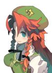  1girl beret braid from_above green_beret green_eyes green_hat hat hong_meiling long_hair looking_at_viewer morino_hon redhead smile solo star touhou twin_braids upper_body 
