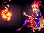  1girl american_flag_dress american_flag_legwear blonde_hair breasts clownpiece commentary_request frilled_shirt_collar frills hat highres itocoh jester_cap long_hair looking_at_another open_mouth pink_eyes polka_dot print_legwear scared short_sleeves sitting small_breasts solo star star_print tears thigh-highs torch touhou trembling very_long_hair 