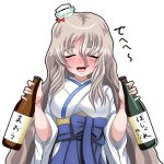  1girl :d alternate_costume asakaze_(kantai_collection) asakaze_(kantai_collection)_(cosplay) blush bottle closed_eyes commentary_request cosplay curly_hair drunk full-face_blush hakama headgear holding japanese_clothes kantai_collection looking_at_viewer meiji_schoolgirl_uniform miko open_mouth pola_(kantai_collection) sake_bottle silver_hair simple_background smile solo tk8d32 translation_request white_background wine_bottle 