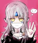  1girl :| code:_nemesis_(elsword) covering_mouth elsword eve_(elsword) expressionless facial_tattoo fingerless_gloves gloves headgear jitome kas2a_rr long_hair looking_at_viewer pink_background simple_background single_glove sketch smile solo tattoo thought_bubble waving white_hair yellow_eyes 
