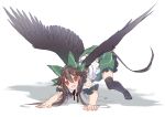 1girl :d all_fours black_legwear black_shoes black_wings bow brown_hair commentary_request feathered_wings frilled_skirt frilled_sleeves frills full_body green_bow green_skirt griffin hair_between_eyes hair_bow highres looking_at_viewer mary_janes open_mouth puffy_short_sleeves puffy_sleeves red_eyes reiuji_utsuho shadow shirt shoes short_sleeves shoulder_cutout sidelocks skirt smile solo tail thigh-highs top-down_bottom-up touhou toutenkou white_background white_shirt wings 