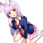  1girl alternate_hairstyle animal_ears bangs blazer blunt_bangs blush breasts bunny_tail cleavage jacket kyon_(fuuran) lavender_hair long_hair looking_at_viewer miniskirt necktie no_shoes open_mouth pink_skirt pleated_skirt rabbit_ears red_eyes red_necktie reisen_udongein_inaba simple_background sitting skirt smile solo tail touhou very_long_hair wariza white_background white_legwear 