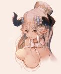  1girl bangs bare_shoulders breasts brown_eyes cleavage doraf granblue_fantasy hair_between_eyes hair_ornament hat horns izmir large_breasts long_hair looking_at_viewer parted_lips pointy_ears simple_background smile solo upper_body yoo_(tabi_no_shiori) 