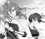  2girls bow_(weapon) clouds female hair_ribbon japanese_clothes kaga_(kantai_collection) kantai_collection long_hair momijiyoung monochrome multiple_girls muneate parted_lips ribbon serious short_hair side_ponytail sky tasuki twintails upper_body weapon white_ribbon zuikaku_(kantai_collection) 