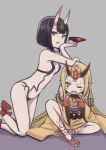  2girls :d black_hair blonde_hair breasts chin_rest fang fate/grand_order fate_(series) hand_on_another&#039;s_head head_tilt ibaraki_douji_(fate/grand_order) japanese_clothes kimono kneeling leg_ribbon multiple_girls navel off_shoulder one_eye_closed oni oni_horns open_mouth orange_eyes petite pointy_ears quro_(black_river) red_ribbon ribbon sakazuki short_hair shuten_douji_(fate/grand_order) sitting small_breasts smile sweatdrop tattoo violet_eyes 