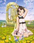  1girl ;d barefoot bass_clef beamed_quavers black_gloves brown_hair clouds crotchet dress feet flower full_body glass_slipper gloves grass hair_flower hair_ornament hibike!_euphonium highres instrument jewelry katou_hazuki looking_at_viewer musical_note necklace official_art one_eye_closed open_mouth outdoors plant quaver scan shoes_removed short_hair sitting smile solo tuba vines 