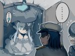  ... 1boy 2girls ? abyssal_admiral_(kantai_collection) abyssal_jellyfish_hime black_hair blue_eyes breasts cleavage comic dress epaulettes frilled_dress frills grey_hair hat hidden_eyes kantai_collection large_breasts long_hair military military_uniform multiple_girls one_eye_covered open_mouth peaked_cap sailor_collar sailor_shirt shaded_face shirt spoken_ellipsis spoken_question_mark surprised ta-class_battleship uniform walzrj window 