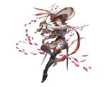  1girl ange_d&#039;erlanger belt blue_eyes boots brown_hair detached_sleeves dual_wielding feathers granblue_fantasy hat holding holding_weapon juliet_sleeves long_hair long_sleeves looking_at_viewer minaba_hideo open_mouth petals puffy_sleeves simple_background solo sword thigh-highs thigh_boots weapon 