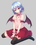  &gt;:) 1girl alternate_costume bat_wings between_legs black_legwear blue_hair blush closed_mouth dress_shirt eyelashes frilled_shirt_collar frills grey_background hair_between_eyes hand_between_legs junior27016 looking_at_viewer no_hat no_headwear no_shoes pointy_ears puffy_short_sleeves puffy_sleeves red_eyes red_skirt remilia_scarlet shirt short_hair short_sleeves sitting skirt smile solo thigh-highs touhou tsurime v_arms wariza white_shirt wings wrist_cuffs 