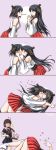  3girls ahoge black_hair black_serafuku black_skirt blue_eyes blush braid brown_hair comic commentary_request detached_sleeves eye_contact female food fusou_(kantai_collection) hair_flaps hair_ornament hair_over_shoulder hair_ribbon hairclip headgear highres japanese_clothes kantai_collection long_hair long_image looking_at_another miniskirt multiple_girls neckerchief nontraditional_miko open_mouth pleated_skirt pocky pocky_kiss red_eyes red_skirt ribbon school_uniform serafuku shared_food shigure_(kantai_collection) short_hair single_braid skirt tall_image tatsumi_rei uniform wide_sleeves yamashiro_(kantai_collection) yuri 