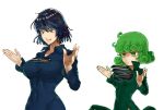  2girls blue_clothes blue_hair breasts curly_hair fubuki_(one-punch_man) green_clothes green_eyes green_hair large_breasts multiple_girls one-punch_man short_hair small_breasts smile tatsumaki tawawa_challenge the_golden_smurf white_background 