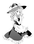  1girl ama-tou apron bow braid collar dress eyelashes fingernails frills greyscale hair_ribbon hands_clasped hat hat_bow highres kirisame_marisa long_hair looking_away monochrome puffy_sleeves ribbon short_sleeves simple_background solo touhou waist_apron wavy_hair white_background witch_hat 