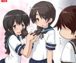  3girls ? arms_at_sides braid braid_wagging brown_eyes brown_hair dd_(ijigendd) eyebrows eyebrows_visible_through_hair hair_between_eyes isonami_(kantai_collection) kantai_collection leaning_forward looking_at_another looking_at_viewer multiple_girls open_mouth sailor_collar school_uniform shikinami_(kantai_collection) short_sleeves single_braid skirt skirt_set spoken_question_mark twintails upper_body uranami_(kantai_collection) 