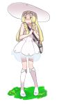  1girl bag bangs blonde_hair blunt_bangs blush braid dress full_body grass green_eyes handbag hat highres kei_(soundcross) kneehighs lillie_(pokemon) long_hair pokemon pokemon_(game) pokemon_sm shoes sleeveless sleeveless_dress solo sun_hat tearing_up twin_braids white_dress white_hat white_legwear white_shoes 