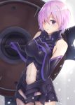  armor armored_dress black_dress dress elbow_gloves eyes_visible_through_hair fate/grand_order fate_(series) gloves hair_over_one_eye hand_on_own_chest looking_at_viewer navel_cutout purple_hair razaria shield shielder_(fate/grand_order) short_hair smile solo violet_eyes 