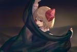  1girl ainy77 arm_up backlighting bangs blonde_hair bow breasts commentary from_side hair_ribbon holding long_sleeves outstretched_arm red_eyes red_ribbon ribbon rumia see-through shirt short_hair signature small_breasts solo touhou upper_body white_shirt 