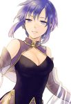  1girl bare_shoulders blue_eyes blue_hair breasts cleavage cleavage_cutout earrings elbow_gloves female fire_emblem fire_emblem:_rekka_no_ken gloves highres jewelry kiyuu large_breasts looking_at_viewer nintendo parted_lips purple_gloves see-through short_hair side_slit sleeveless smile solo ursula_(fire_emblem) veil 