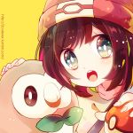  1girl 2colexxx :d artist_name bangs beanie bird black_eyes black_hair blunt_bangs blush close-up collarbone face female_protagonist_(pokemon_sm) fingernails green_eyes hat holding holding_poke_ball looking_at_viewer one_eye_closed open_mouth owl petting poke_ball pokemon pokemon_(creature) pokemon_(game) pokemon_sm red_hat rowlet short_hair simple_background smile tareme upper_body watermark web_address white_pupils yellow_background 