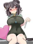  1girl animal_ears black_dress blush breasts capelet dress grey_hair jewelry knees_together_feet_apart large_breasts microdress mouse_ears mouse_tail nazrin necklace nose_blush panties pantyshot pantyshot_(sitting) pregnancy_test red_eyes sitting smile tail torso_(hjk098) touhou underwear 